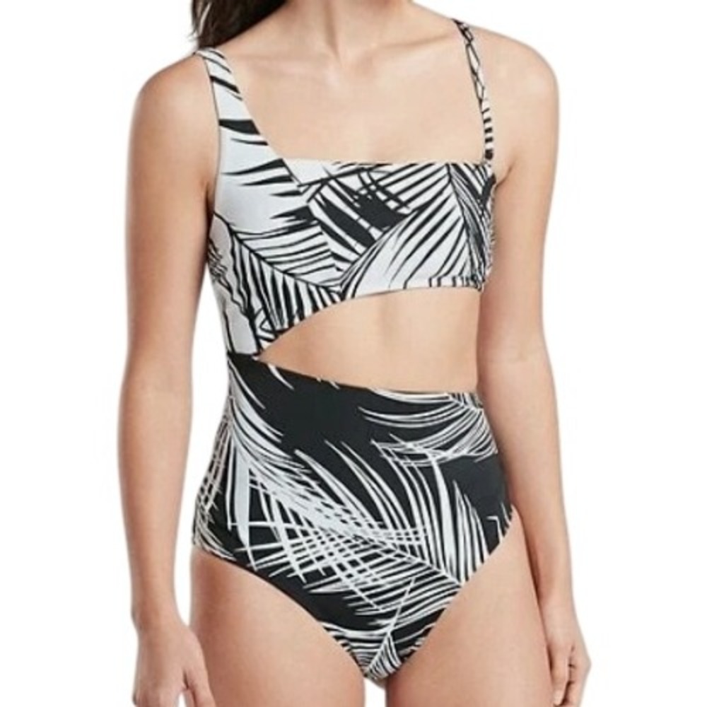 Athleta Womens L Black White Retro Palm Cut Out One Piece Swimsuit NWT